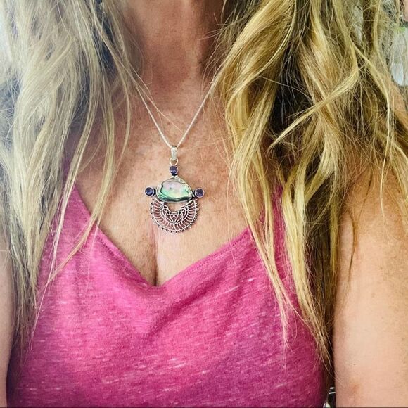 Abalone Shell Sterling Silver Necklace Popcorn Chain - Picture 4 of 5